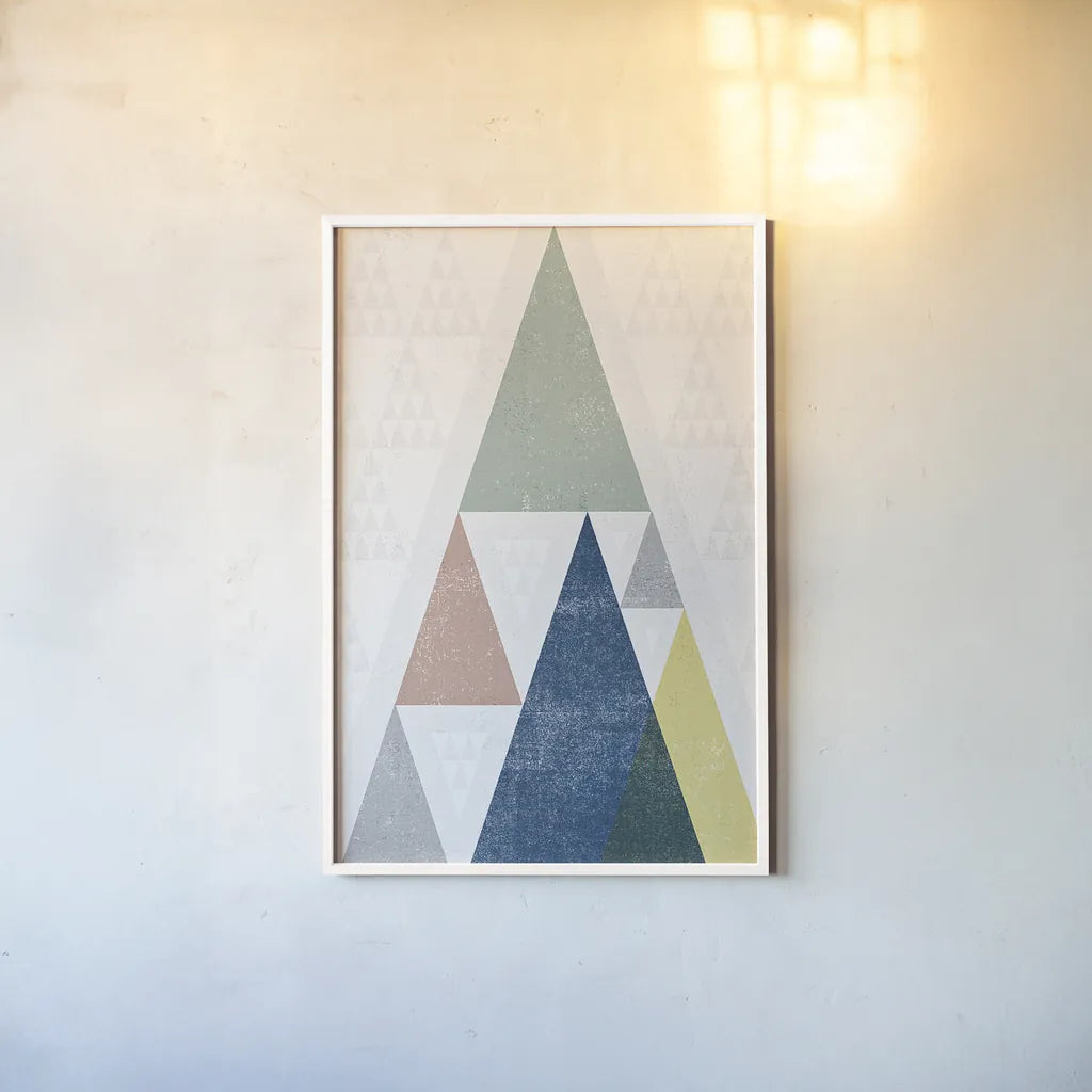 Mod Triangles III Soft by Michael Mullan. shown as a paper print in a white frame. Available as a archival giclee rolled canvas, fine art paper, or poster print. SKU 33794h.