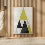 Mod Triangles III Yellow Black by Michael Mullan. shown as over sized large wall art. Available as an archival giclee rolled canvas, fine art paper, or poster print. SKU 64128h.