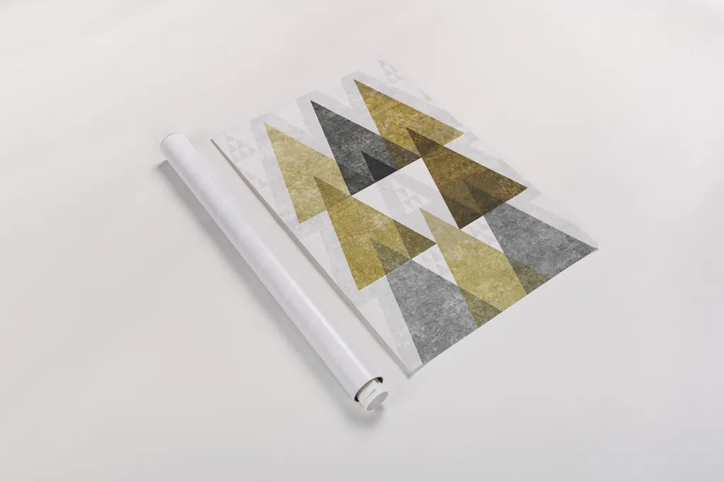 Mod Triangles IV Gold by Michael Mullan. shown as a rolled paper print. Available as archival giclee rolled canvas, fine art paper, or poster print. SKU 22304h.