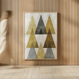 Mod Triangles IV Gold by Michael Mullan. shown as over sized large wall art. Available as an archival giclee rolled canvas, fine art paper, or poster print. SKU 22304h.