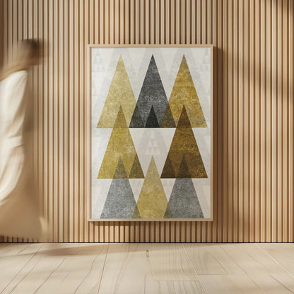 Mod Triangles IV Gold by Michael Mullan. shown as over sized large wall art. Available as an archival giclee rolled canvas, fine art paper, or poster print. SKU 22304h.