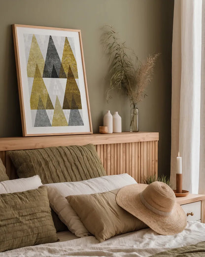 Mod Triangles IV Gold by Michael Mullan. shown as a paper print in a natural frame. Available as a archival giclee rolled canvas, fine art paper, or poster print. SKU 22304h.