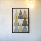 Mod Triangles IV Gold by Michael Mullan. shown as a paper print in a black flame. Available as a archival giclee rolled canvas, fine art paper, or poster print. SKU 22304h.