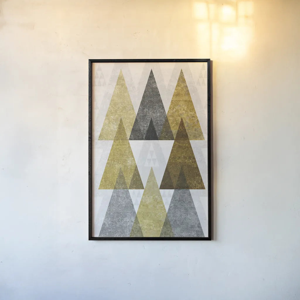 Mod Triangles IV Gold by Michael Mullan. shown as a paper print in a black flame. Available as a archival giclee rolled canvas, fine art paper, or poster print. SKU 22304h.