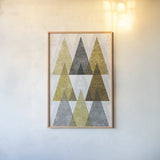 Mod Triangles IV Gold by Michael Mullan. shown as a paper print in a natural frame. Available as a archival giclee rolled canvas, fine art paper, or poster print. SKU 22304h.