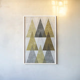 Mod Triangles IV Gold by Michael Mullan. shown as a paper print in a white frame. Available as a archival giclee rolled canvas, fine art paper, or poster print. SKU 22304h.