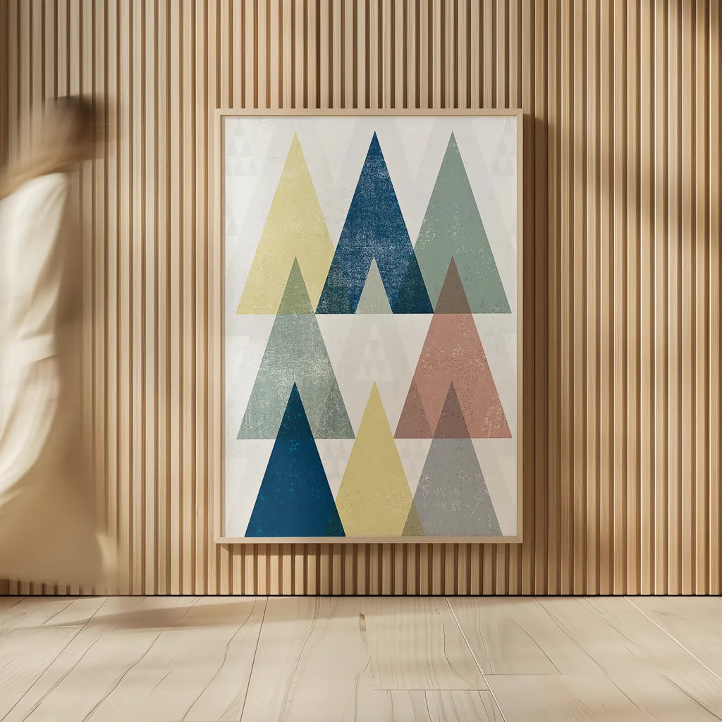 Mod Triangles IV Soft by Michael Mullan. shown as over sized large wall art. Available as an archival giclee rolled canvas, fine art paper, or poster print. SKU 33795h.