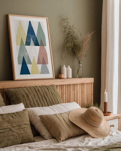 Mod Triangles IV Soft by Michael Mullan. shown as a paper print in a natural frame. Available as a archival giclee rolled canvas, fine art paper, or poster print. SKU 33795h.