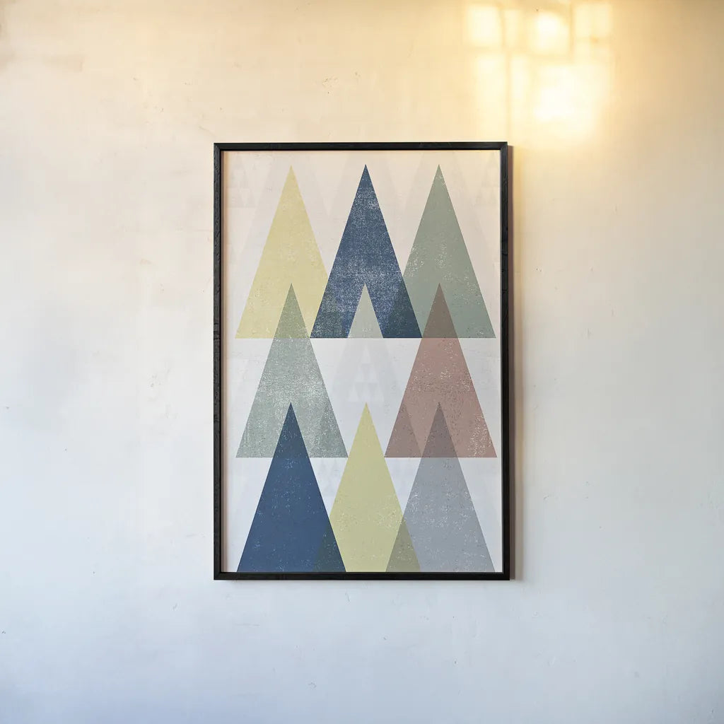 Mod Triangles IV Soft by Michael Mullan. shown as a paper print in a black flame. Available as a archival giclee rolled canvas, fine art paper, or poster print. SKU 33795h.