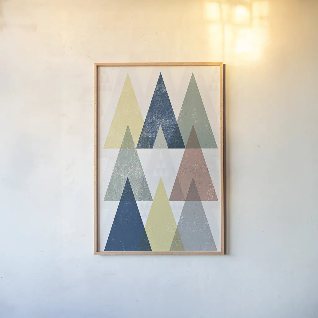 Mod Triangles IV Soft by Michael Mullan. shown as a paper print in a natural frame. Available as a archival giclee rolled canvas, fine art paper, or poster print. SKU 33795h.