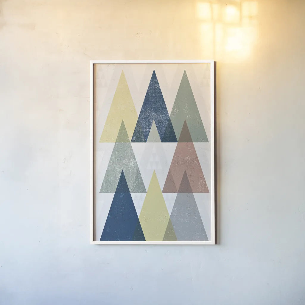 Mod Triangles IV Soft by Michael Mullan. shown as a paper print in a white frame. Available as a archival giclee rolled canvas, fine art paper, or poster print. SKU 33795h.