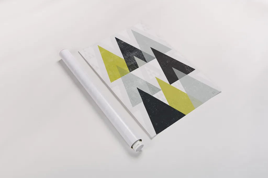 Mod Triangles IV Yellow Black by Michael Mullan. shown as a rolled paper print. Available as archival giclee rolled canvas, fine art paper, or poster print. SKU 64129h.