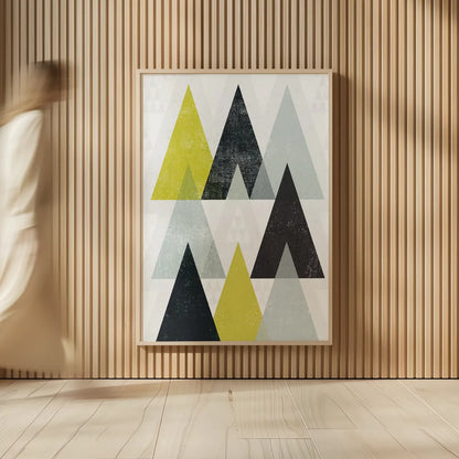 Mod Triangles IV Yellow Black by Michael Mullan. shown as over sized large wall art. Available as an archival giclee rolled canvas, fine art paper, or poster print. SKU 64129h.