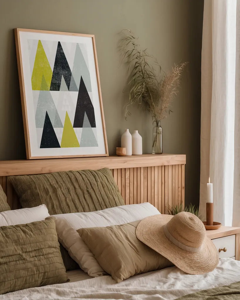 Mod Triangles IV Yellow Black by Michael Mullan. shown as a paper print in a natural frame. Available as a archival giclee rolled canvas, fine art paper, or poster print. SKU 64129h.