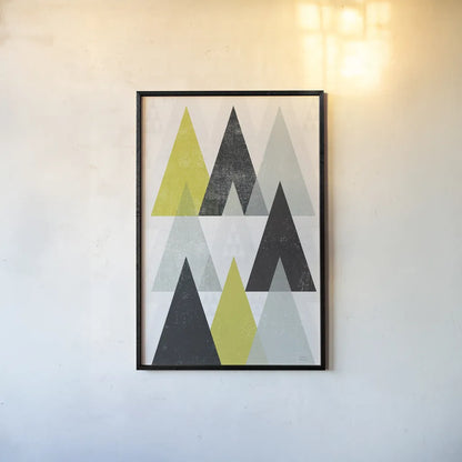 Mod Triangles IV Yellow Black by Michael Mullan. shown as a paper print in a black flame. Available as a archival giclee rolled canvas, fine art paper, or poster print. SKU 64129h.