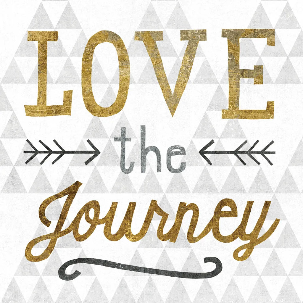 Mod Triangles Love the Journey Gold by Michael Mullan. SKU 22300a. Archival Giclee Fine art print for wall decor.