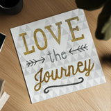 Mod Triangles Love the Journey Gold by Michael Mullan. Shown as a detailed flat fine art print, highlighting archival giclee quality. Available as an archival giclee rolled canvas, fine art paper, or poster print. SKU 22300a.