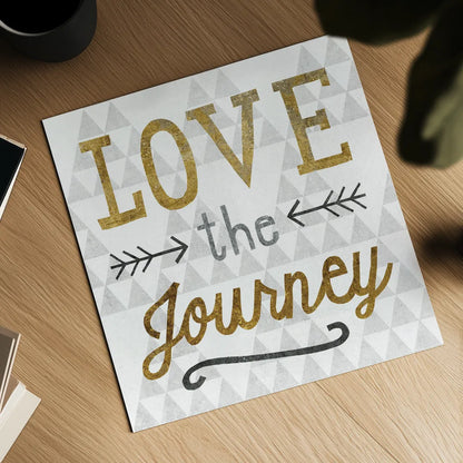 Mod Triangles Love the Journey Gold by Michael Mullan. Shown as a detailed flat fine art print, highlighting archival giclee quality. Available as an archival giclee rolled canvas, fine art paper, or poster print. SKU 22300a.