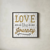Mod Triangles Love the Journey Gold by Michael Mullan. Shown in a sleek black glass frame for a contemporary gallery look. Available as an archival giclee rolled canvas, fine art paper, or poster print. SKU 22300a.