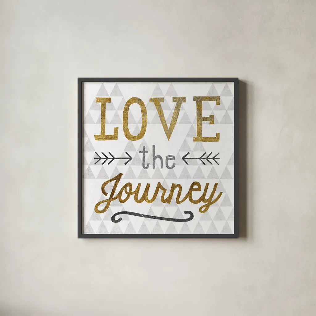 Mod Triangles Love the Journey Gold by Michael Mullan. Shown in a sleek black glass frame for a contemporary gallery look. Available as an archival giclee rolled canvas, fine art paper, or poster print. SKU 22300a.