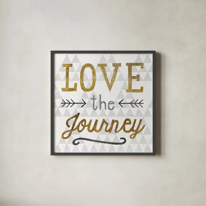 Mod Triangles Love the Journey Gold by Michael Mullan. Shown in a sleek black glass frame for a contemporary gallery look. Available as an archival giclee rolled canvas, fine art paper, or poster print. SKU 22300a.