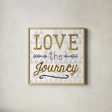 Mod Triangles Love the Journey Gold by Michael Mullan. Shown in a natural wood glass frame for a timeless modern aesthetic. Available as an archival giclee rolled canvas, fine art paper, or poster print. SKU 22300a.
