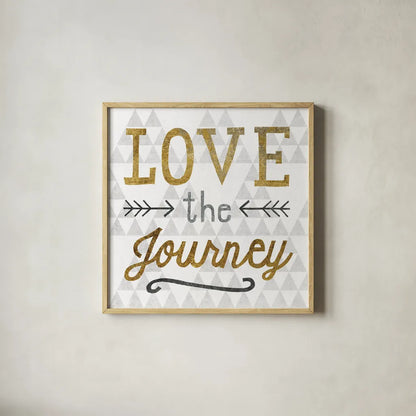 Mod Triangles Love the Journey Gold by Michael Mullan. Shown in a natural wood glass frame for a timeless modern aesthetic. Available as an archival giclee rolled canvas, fine art paper, or poster print. SKU 22300a.