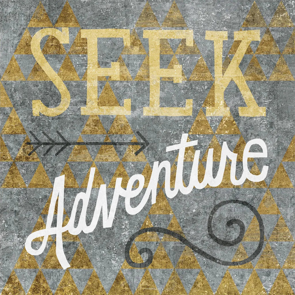 Mod Triangles Seek Adventure Gold by Michael Mullan. SKU 22297a. Archival Giclee Fine art print for wall decor.