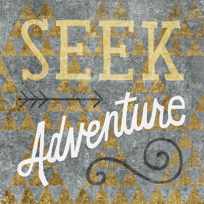 Mod Triangles Seek Adventure Gold by Michael Mullan. SKU 22297a. Archival Giclee Fine art print for wall decor.