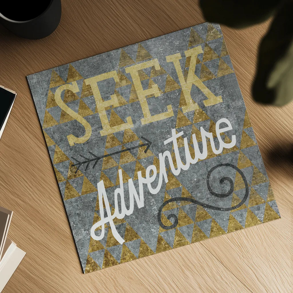 Mod Triangles Seek Adventure Gold by Michael Mullan. Shown as a detailed flat fine art print, highlighting archival giclee quality. Available as an archival giclee rolled canvas, fine art paper, or poster print. SKU 22297a.