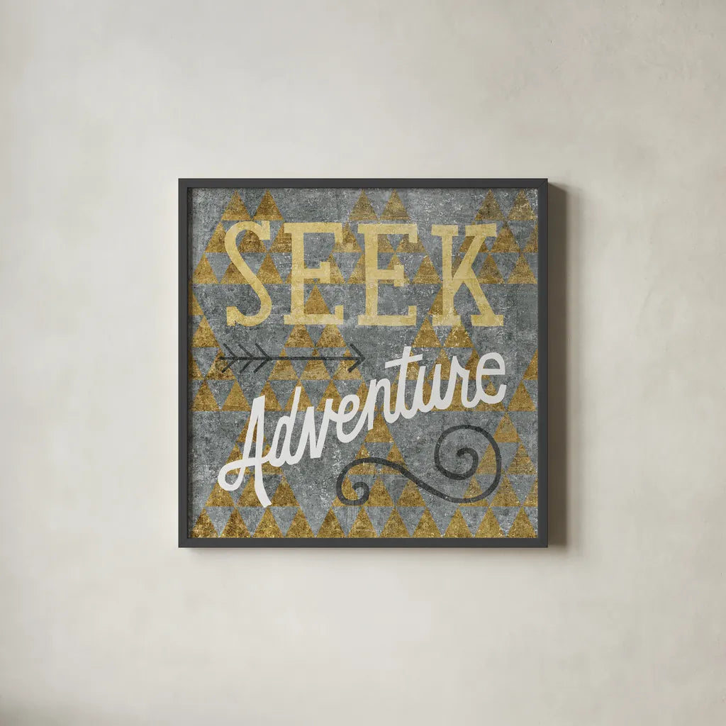 Mod Triangles Seek Adventure Gold by Michael Mullan. Shown in a sleek black glass frame for a contemporary gallery look. Available as an archival giclee rolled canvas, fine art paper, or poster print. SKU 22297a.