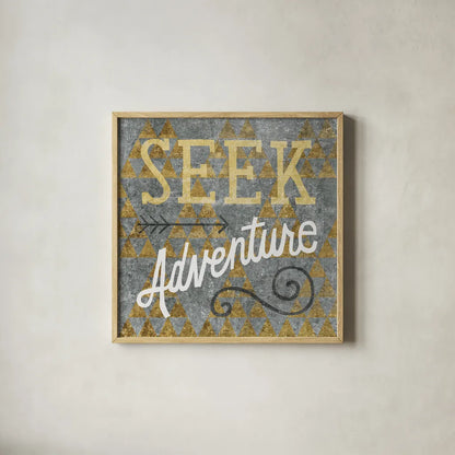 Mod Triangles Seek Adventure Gold by Michael Mullan. Shown in a natural wood glass frame for a timeless modern aesthetic. Available as an archival giclee rolled canvas, fine art paper, or poster print. SKU 22297a.