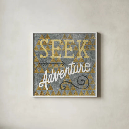 Mod Triangles Seek Adventure Gold by Michael Mullan. Shown in a crisp white glass frame for a clean and minimalist style. Available as an archival giclee rolled canvas, fine art paper, or poster print. SKU 22297a.