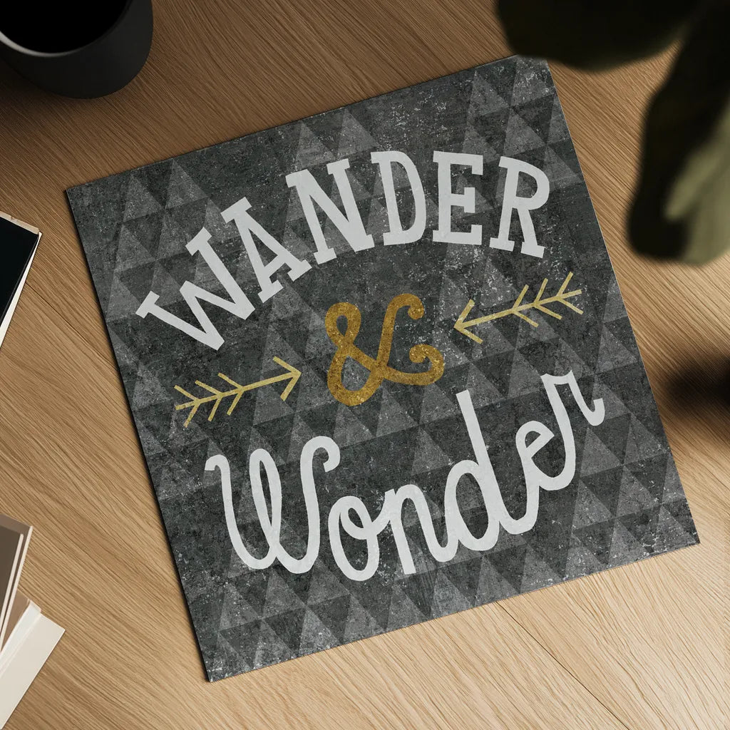 Mod Triangles Wander and Wonder Gold by Michael Mullan. Shown as a detailed flat fine art print, highlighting archival giclee quality. Available as an archival giclee rolled canvas, fine art paper, or poster print. SKU 22299a.