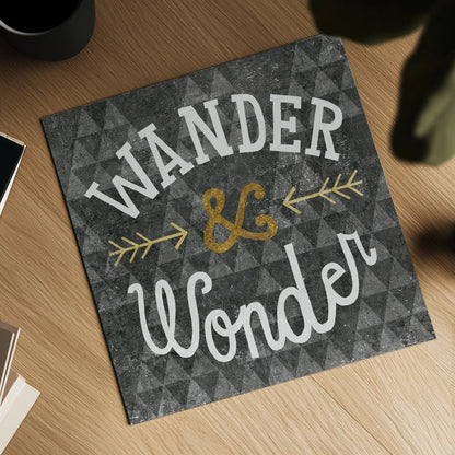Mod Triangles Wander and Wonder Gold by Michael Mullan. Shown as a detailed flat fine art print, highlighting archival giclee quality. Available as an archival giclee rolled canvas, fine art paper, or poster print. SKU 22299a.