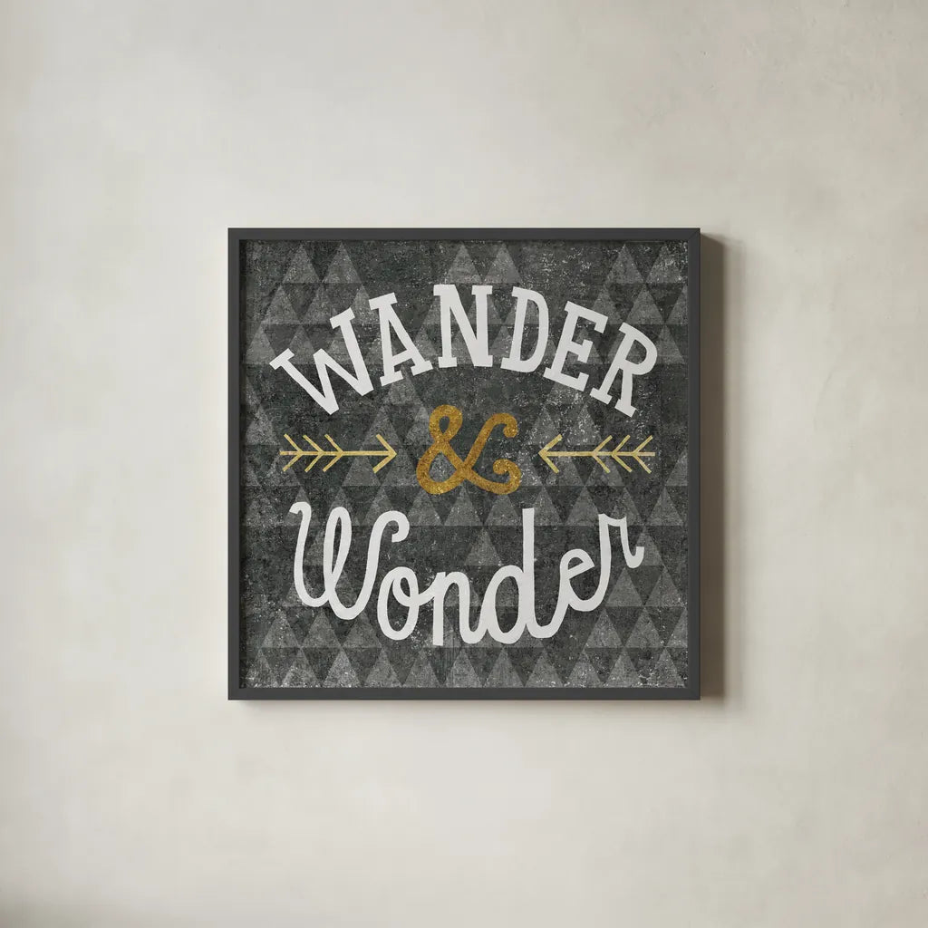 Mod Triangles Wander and Wonder Gold by Michael Mullan. Shown in a sleek black glass frame for a contemporary gallery look. Available as an archival giclee rolled canvas, fine art paper, or poster print. SKU 22299a.