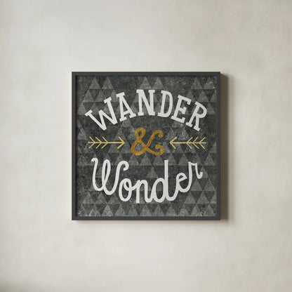 Mod Triangles Wander and Wonder Gold by Michael Mullan. Shown in a sleek black glass frame for a contemporary gallery look. Available as an archival giclee rolled canvas, fine art paper, or poster print. SKU 22299a.