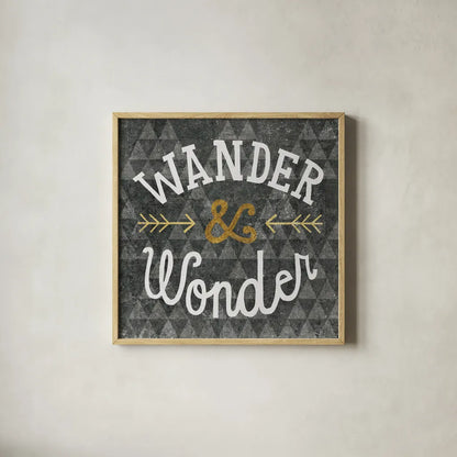 Mod Triangles Wander and Wonder Gold by Michael Mullan. Shown in a natural wood glass frame for a timeless modern aesthetic. Available as an archival giclee rolled canvas, fine art paper, or poster print. SKU 22299a.