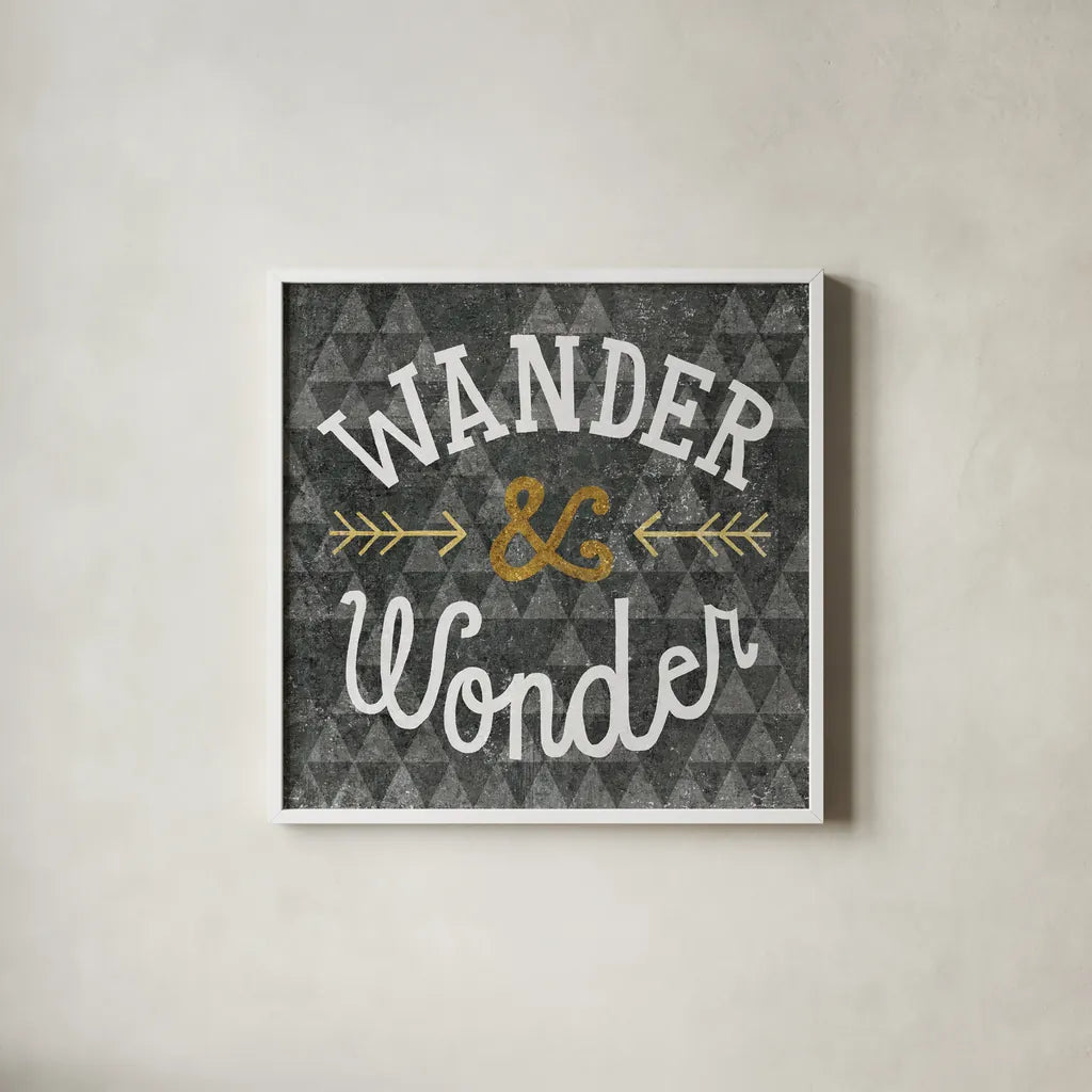 Mod Triangles Wander and Wonder Gold by Michael Mullan. Shown in a crisp white glass frame for a clean and minimalist style. Available as an archival giclee rolled canvas, fine art paper, or poster print. SKU 22299a.