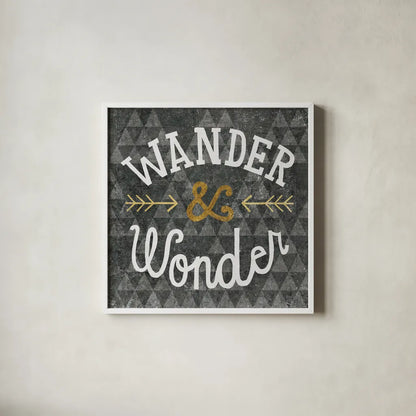 Mod Triangles Wander and Wonder Gold by Michael Mullan. Shown in a crisp white glass frame for a clean and minimalist style. Available as an archival giclee rolled canvas, fine art paper, or poster print. SKU 22299a.