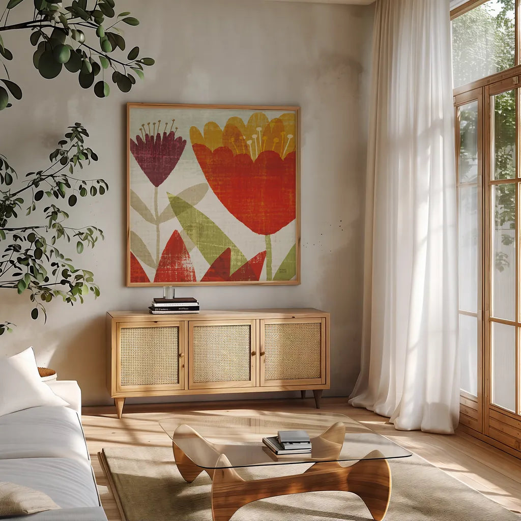 Modern Garden Panel II Crop by Michael Mullan. Shown in a natural wood frame in a cozy modern living room. Available as an archival giclee rolled canvas, fine art paper, or poster print. SKU 13585a.