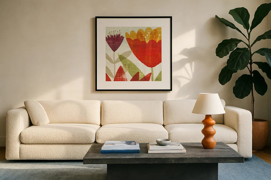 Modern Garden Panel II Crop by Michael Mullan. Displayed in a glass frame with matte in a clean modern living room. Available as an archival giclee rolled canvas, fine art paper, or poster print. SKU 13585a.