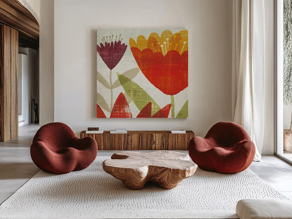 Modern Garden Panel II Crop by Michael Mullan. Shown as extra-large giant wall art in a modern living room. Available as an archival giclee rolled canvas, fine art paper, or poster print. SKU 13585a.