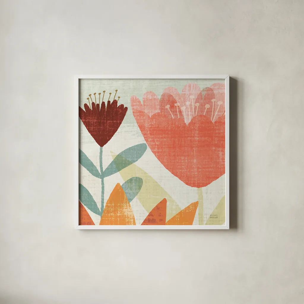 Modern Garden Panel II Crop Warm by Michael Mullan. Shown in a crisp white glass frame for a clean and minimalist style. Available as an archival giclee rolled canvas, fine art paper, or poster print. SKU 61995a.