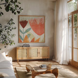 Modern Garden Panel II Crop Warm by Michael Mullan. Shown in a natural wood frame in a cozy modern living room. Available as an archival giclee rolled canvas, fine art paper, or poster print. SKU 61995a.