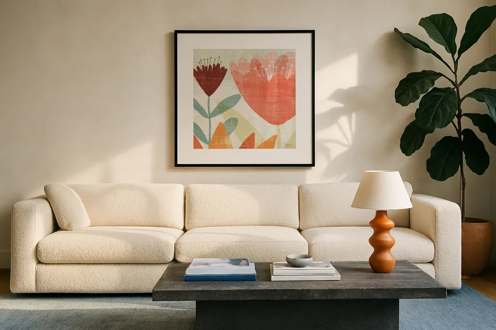 Modern Garden Panel II Crop Warm by Michael Mullan. Displayed in a glass frame with matte in a clean modern living room. Available as an archival giclee rolled canvas, fine art paper, or poster print. SKU 61995a.