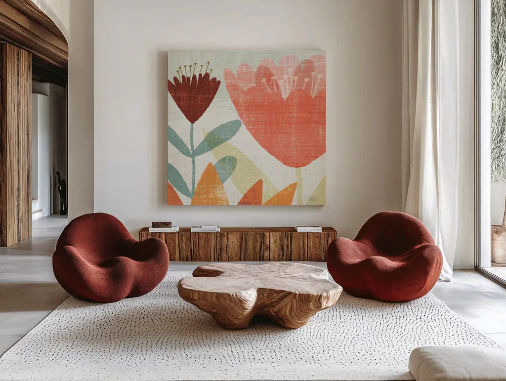 Modern Garden Panel II Crop Warm by Michael Mullan. Shown as extra-large giant wall art in a modern living room. Available as an archival giclee rolled canvas, fine art paper, or poster print. SKU 61995a.