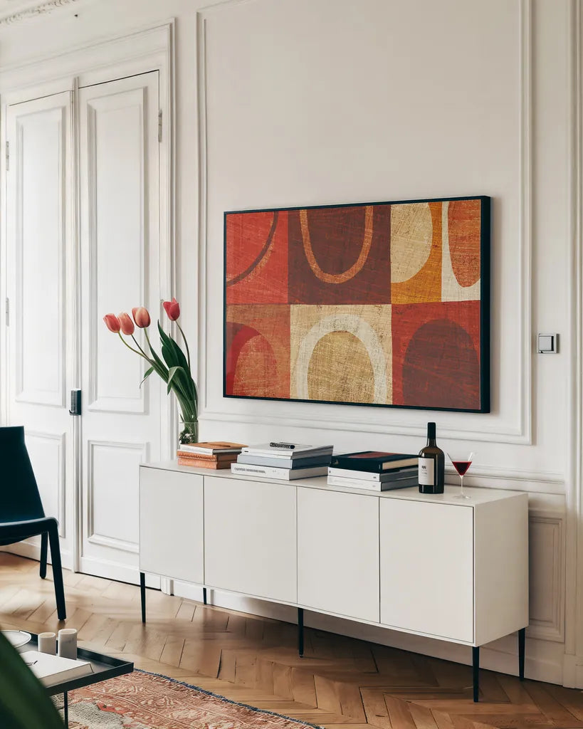Modern Geometric III by Michael Mullan. shown as a framed stretched canvas in a living room above a console. Available as a archival giclee rolled canvas, fine art paper, or poster print. SKU 14952i.