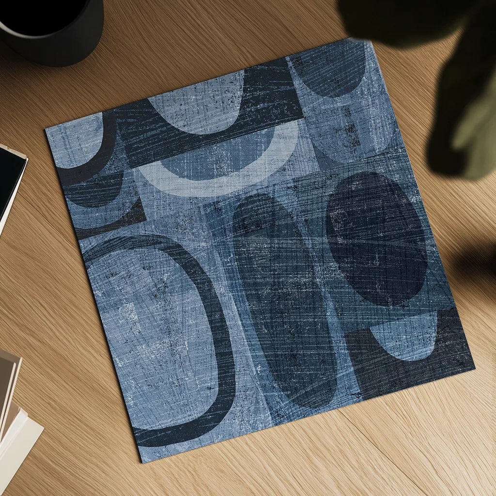 Modern Geometric Indigo and Navy I by Michael Mullan. Shown as a detailed flat fine art print, highlighting archival giclee quality. Available as an archival giclee rolled canvas, fine art paper, or poster print. SKU 18353a.