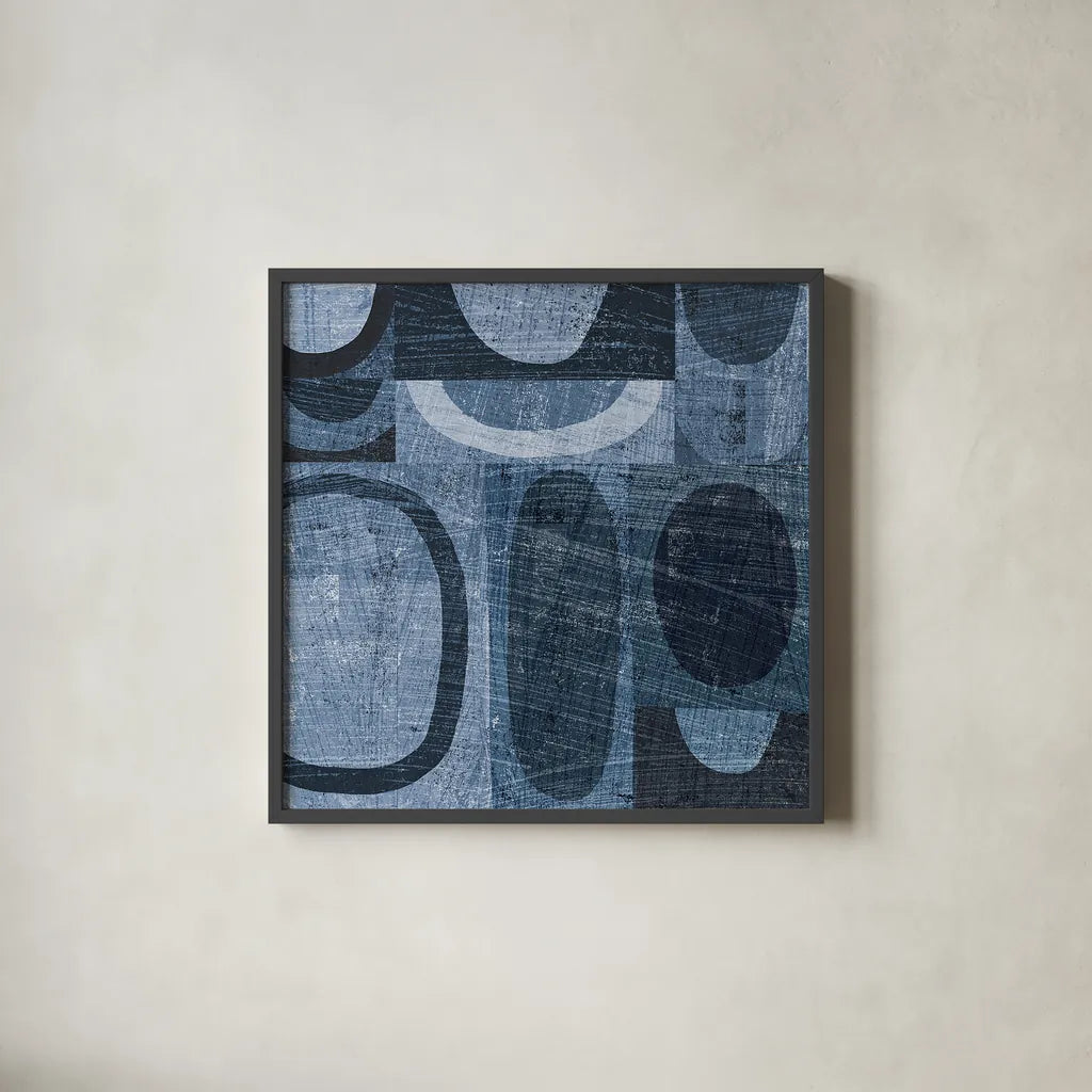 Modern Geometric Indigo and Navy I by Michael Mullan. Shown in a sleek black glass frame for a contemporary gallery look. Available as an archival giclee rolled canvas, fine art paper, or poster print. SKU 18353a.